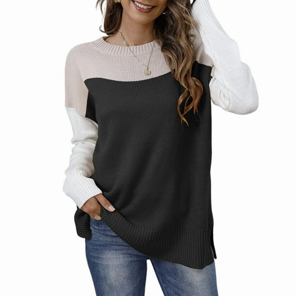 Women'S Oversized Colorblock Sweater - Crew Neck Rib-Knit Drop Shoulder Long Sleeve Pullover Top Black S