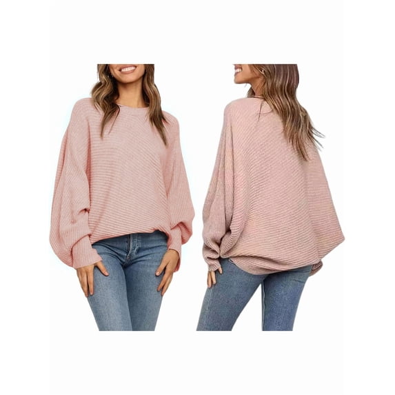 Women'S Oversized Crewneck Sweater Batwing Puff Long Sleeve Cable Slouchy Pullover Jumper Tops Pink M