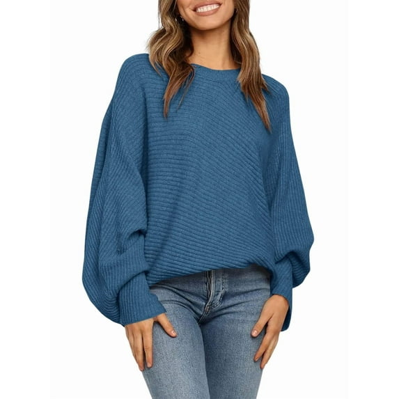 Women'S Oversized Crewneck Sweater Batwing Puff Long Sleeve Cable Slouchy Pullover Jumper Tops