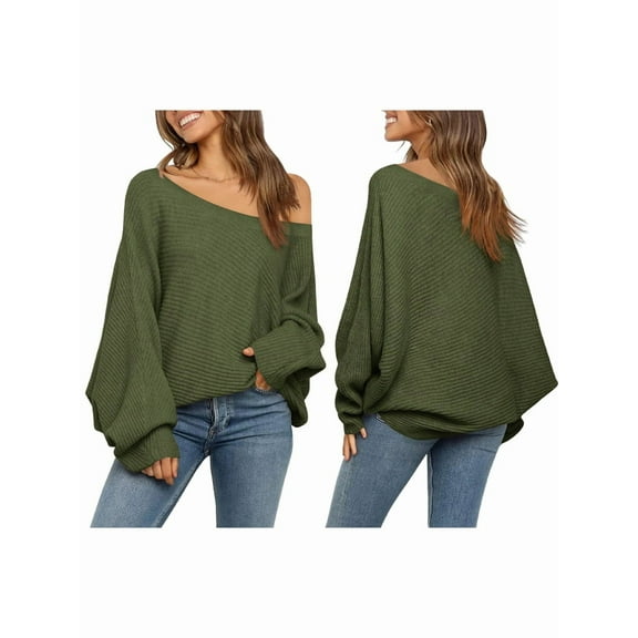 Women'S Oversized Crewneck Sweater Batwing Puff Long Sleeve Cable Slouchy Pullover Jumper Tops