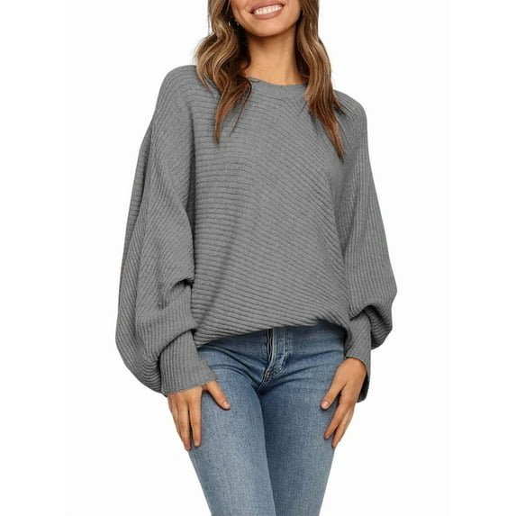 Women'S Oversized Crewneck Sweater Batwing Puff Long Sleeve Cable Slouchy Pullover Jumper Tops