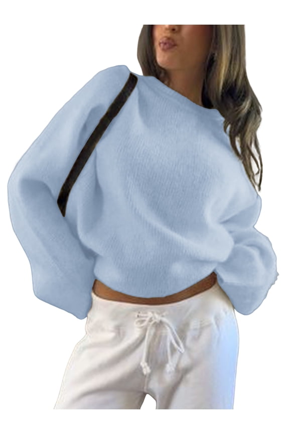 Women'S Oversized Crewneck Sweater Puff Long Sleeve Cable Slouchy Pullover Jumper Tops Blue L