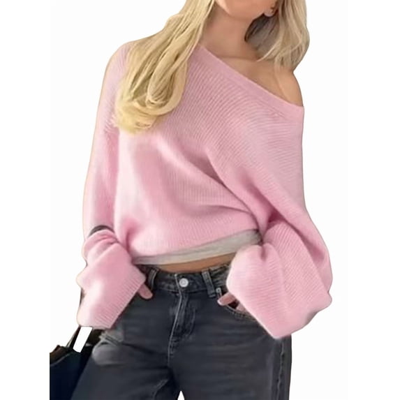 Women'S Oversized Crewneck Sweater Puff Long Sleeve Cable Slouchy Pullover Jumper Tops Pink L