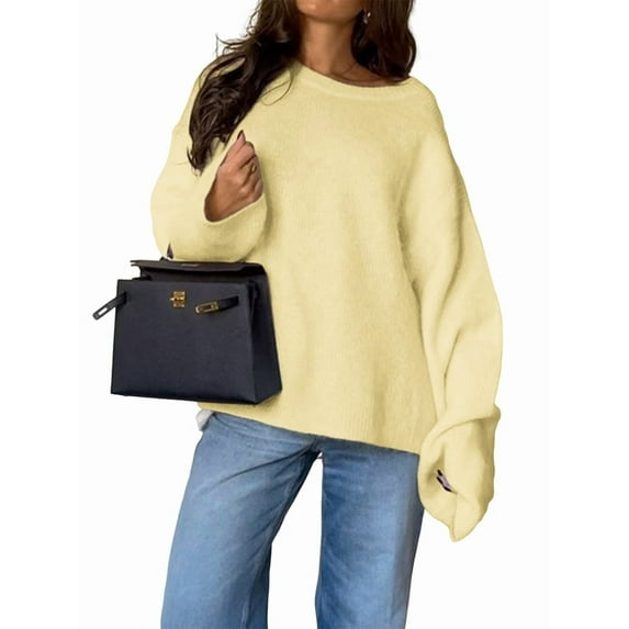 Women'S Oversized Crewneck Sweater Puff Long Sleeve Cable Slouchy Pullover Jumper Tops Yellow L