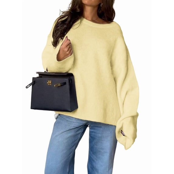 Women'S Oversized Crewneck Sweater Puff Long Sleeve Cable Slouchy Pullover Jumper Tops Yellow XL