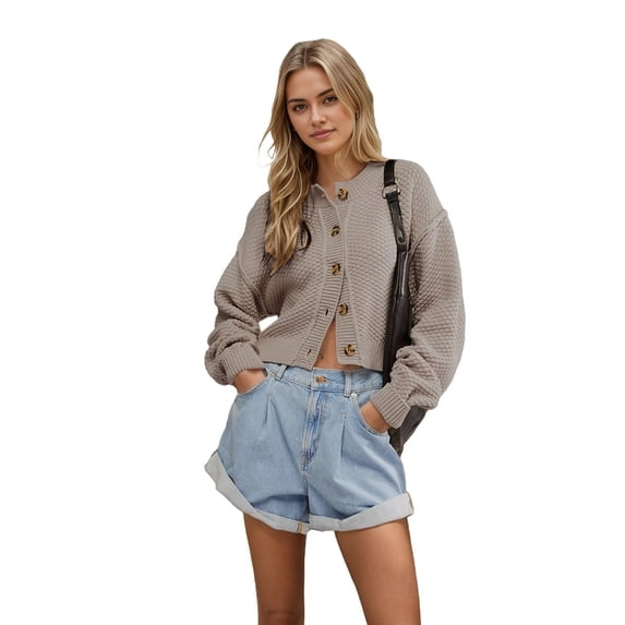 Women'S Oversized Cropped Cardigan Sweater Open Front Long Sleeve Button Down Knit Outwear Coffee Color XL
