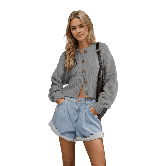 Women'S Oversized Cropped Cardigan Sweater Open Front Long Sleeve Button Down Knit Outwear Grey M