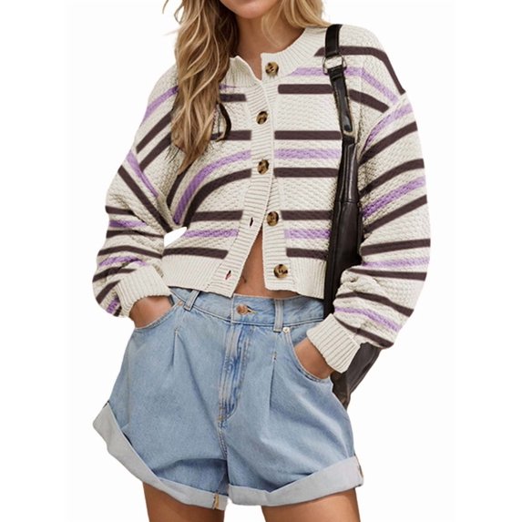 Women'S Oversized Cropped Cardigan Sweater Open Front Long Sleeve Button Down Knit Outwear L