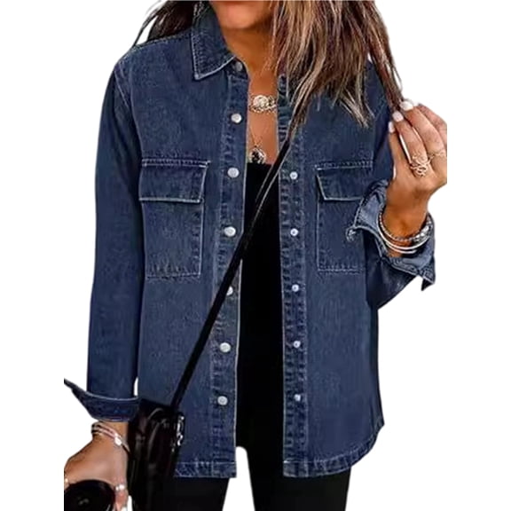 Women'S Oversized Denim Jacket Casual Long Sleeve Denim Shirts Distresse Jean Jacket Fall Outfits Dark Blue S