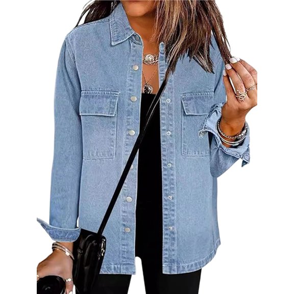 Women'S Oversized Denim Jacket Casual Long Sleeve Denim Shirts Distresse Jean Jacket Fall Outfits Light Blue L