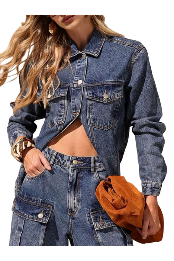 Women'S Oversized Denim Jacket Long Sleeve Button Down Jean Coat with Pockets Outerwear Dark Blue M