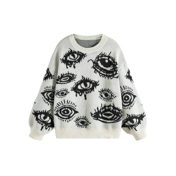 Women'S Oversized Eye Print Knit Crewneck Fall Pullover Sweaters White S