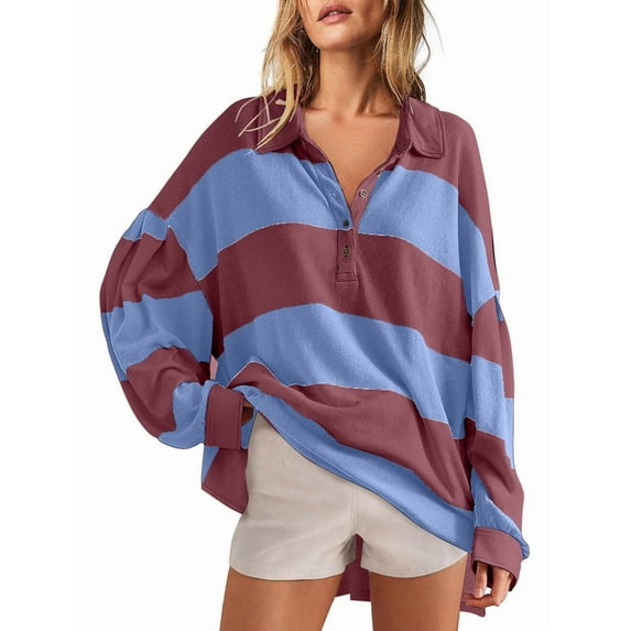 Women'S Oversized Fall Fashion 2025 Striped Color Block Long Sleeve Button V Neck Pullover Tops Red & Blue L