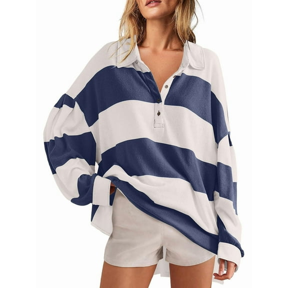 Women'S Oversized Fall Fashion 2025 Striped Color Block Long Sleeve Button V Neck Pullover Tops White & Blue XL