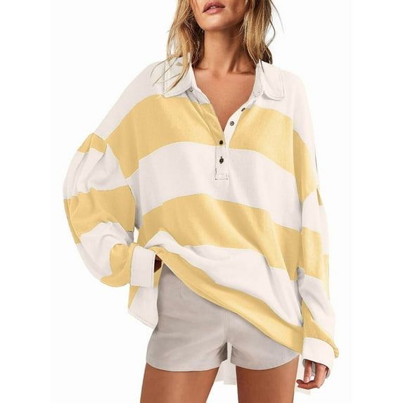 Women'S Oversized Fall Fashion 2025 Striped Color Block Long Sleeve Button V Neck Pullover Tops White & Yellow S