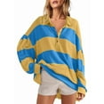 thumbnail image 1 of Women'S Oversized Fall Fashion 2025 Striped Color Block Long Sleeve Button V Neck Pullover Tops Yellow & Blue L, 1 of 4