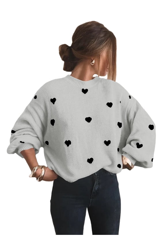Women'S Oversized Heart Sweater Long Sleeve Crewneck Drop Shoulder Cute Knit Tops Jumper Gray M