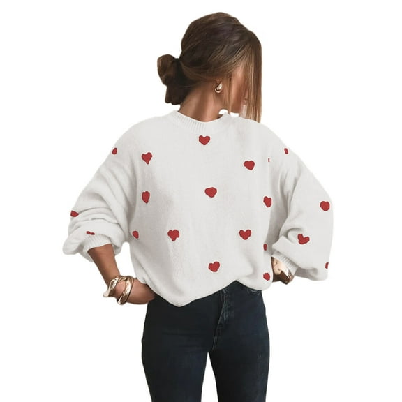 Women'S Oversized Heart Sweater Long Sleeve Crewneck Drop Shoulder Cute Knit Tops Jumper Red & White L
