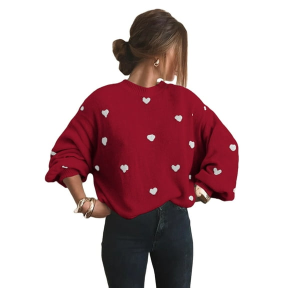 Women'S Oversized Heart Sweater Long Sleeve Crewneck Drop Shoulder Cute Knit Tops Jumper Red XL