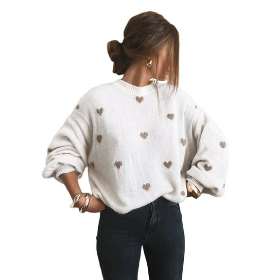 Women'S Oversized Heart Sweater Long Sleeve Crewneck Drop Shoulder Cute Knit Tops Jumper White L