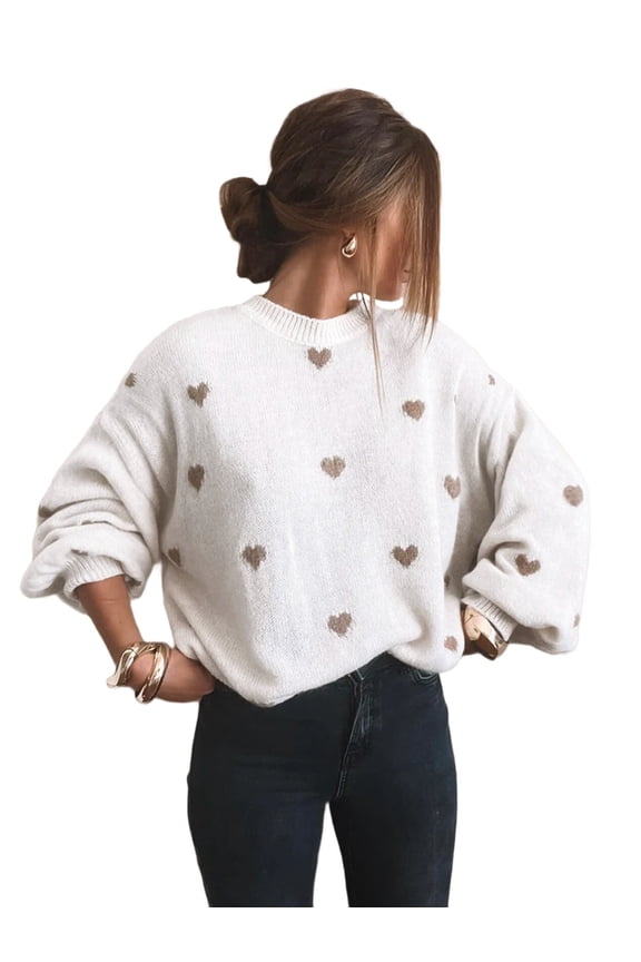 Women'S Oversized Heart Sweater Long Sleeve Crewneck Drop Shoulder Cute Knit Tops Jumper White L