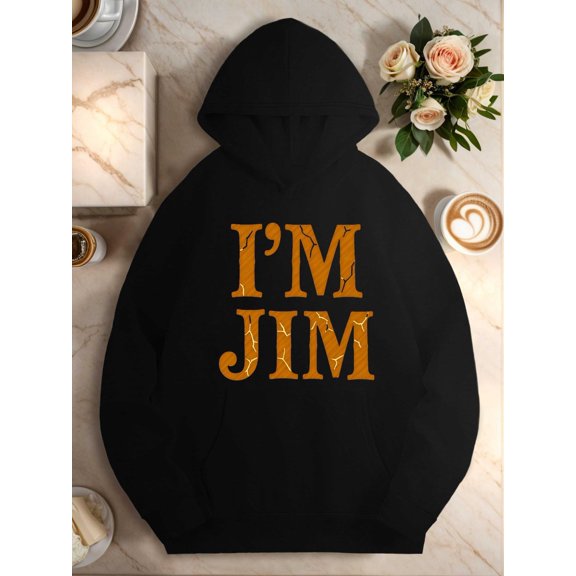 Women'S Oversized Hoodie with IM JIM Distressed Orange Text - Gray Pullover Sweatshirt, Cozy Fall Winter Warmth, Non-Stretch Fabric & Front Pocket, Casual Casual Attire, Statement Lettering, All-Seas