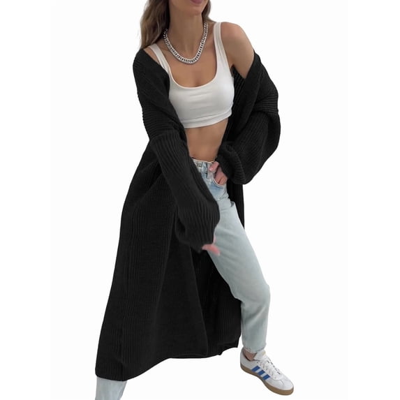 Women'S Oversized Long Cardigan Open Front Duster Sweater Cardigan Black L