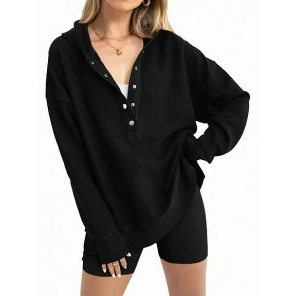 Women'S Oversized Long Sleeve Hoodie Button-Down V-Neck Sweatshirt Side Slit Casual Pullover Top Black L