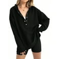 thumbnail image 1 of Women'S Oversized Long Sleeve Hoodie Button-Down V-Neck Sweatshirt Side Slit Casual Pullover Top Black S, 1 of 9