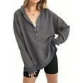 thumbnail image 1 of Women'S Oversized Long Sleeve Hoodie Button-Down V-Neck Sweatshirt Side Slit Casual Pullover Top Grey L, 1 of 9