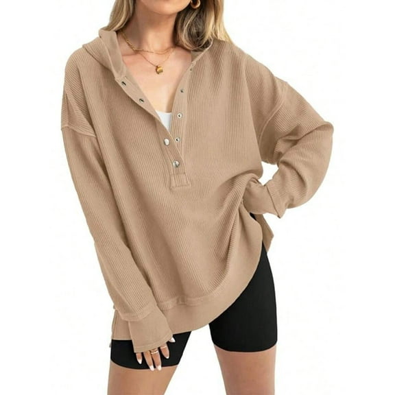 Women'S Oversized Long Sleeve Hoodie Button-Down V-Neck Sweatshirt Side Slit Casual Pullover Top Khaki M
