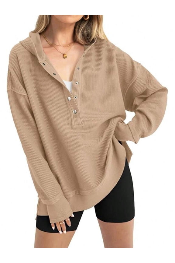Women'S Oversized Long Sleeve Hoodie Button-Down V-Neck Sweatshirt Side Slit Casual Pullover Top Khaki S