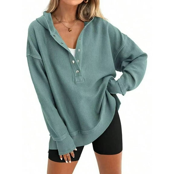 Women'S Oversized Long Sleeve Hoodie Button-Down V-Neck Sweatshirt Side Slit Casual Pullover Top Peacock Green L