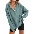 thumbnail image 1 of Women'S Oversized Long Sleeve Hoodie Button-Down V-Neck Sweatshirt Side Slit Casual Pullover Top Peacock Green M, 1 of 9