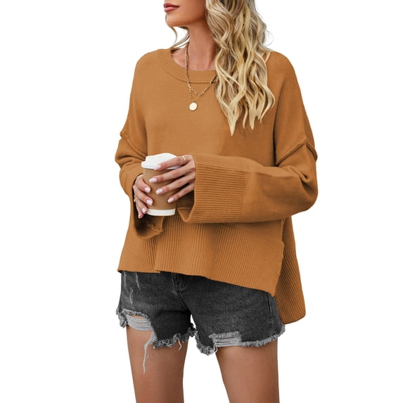 Women'S Oversized Long Sleeve Sweaters Fall Outfits Trendy Crewneck Knit Side Slit Fashion Pullover Tops Yellow Brown M