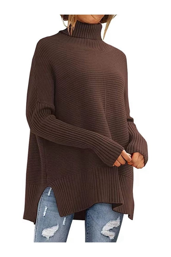 Women'S Oversized Loose Sweater Autumn Batwing Sleeve Ribbed Tunic Sweater Coffee L