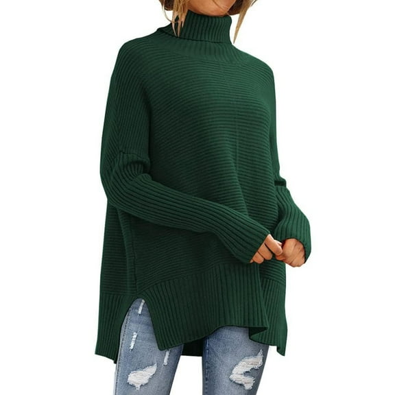 Women'S Oversized Loose Sweater Autumn Batwing Sleeve Ribbed Tunic Sweater Dark Green M