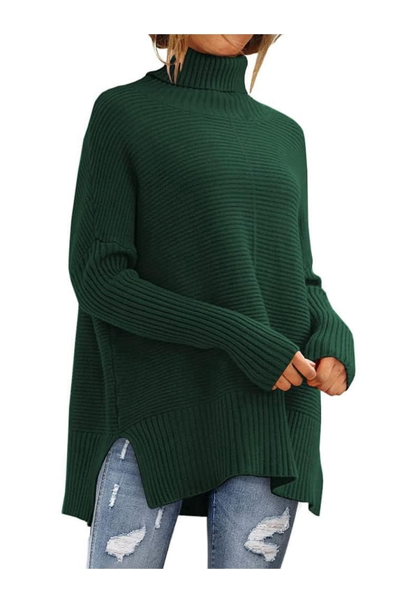 Women'S Oversized Loose Sweater Autumn Batwing Sleeve Ribbed Tunic Sweater Dark Green M