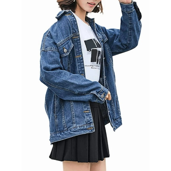 Women'S Oversized Mid Long Denim Jacket Jean Biker Coat Blue S
