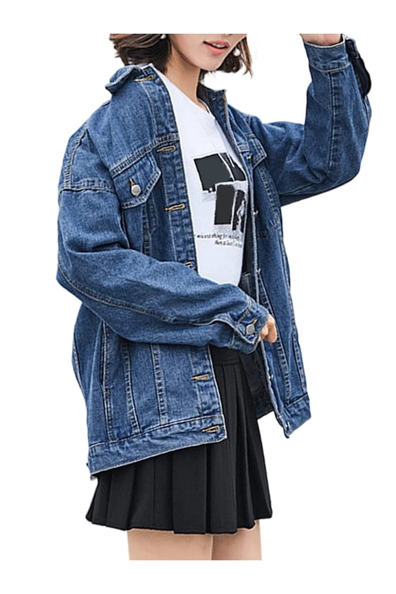 Women'S Oversized Mid Long Denim Jacket Jean Biker Coat Blue XL