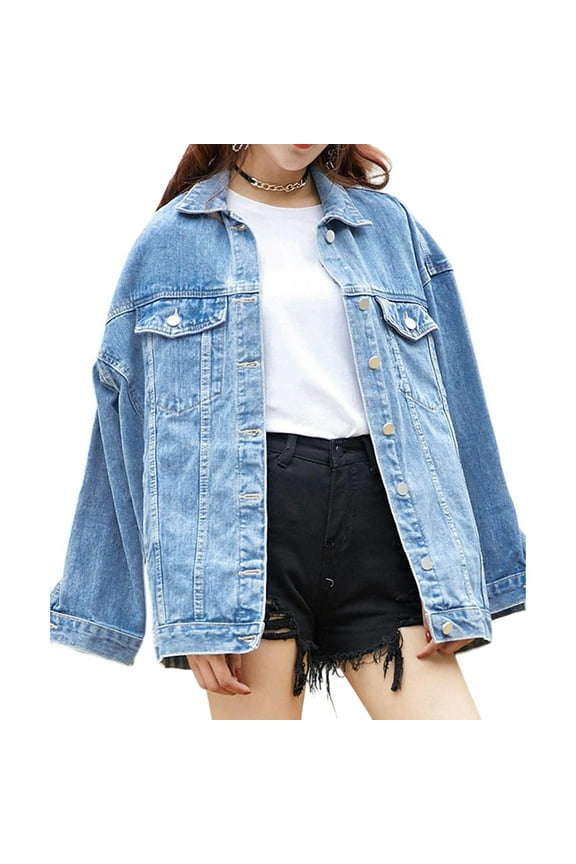 Women'S Oversized Mid Long Denim Jacket Jean Biker Coat Light Blue L