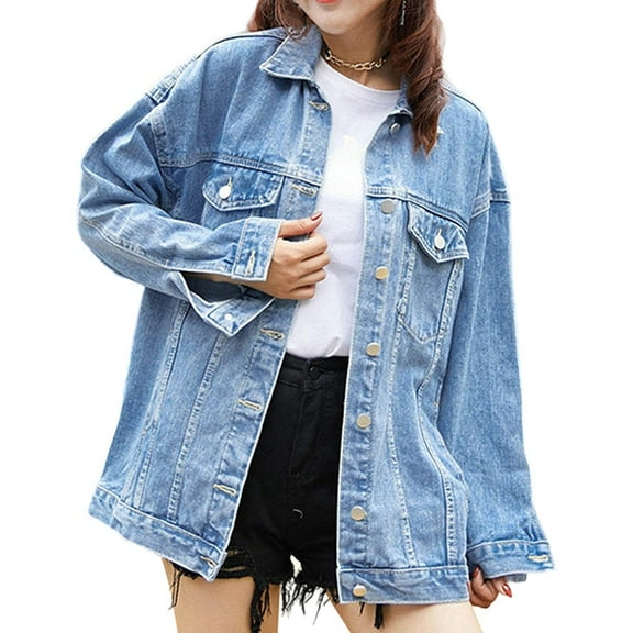 Women'S Oversized Mid Long Denim Jacket Jean Biker Coat Light Blue L