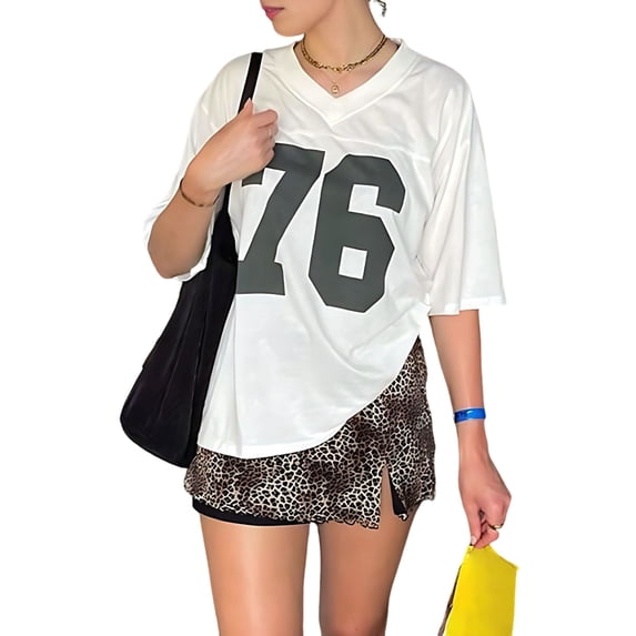 Women'S Oversized Off Shoulder Shirt Crewneck Number Graphic T Shirt Y2k Summer Going Out Tops White V-Neck S