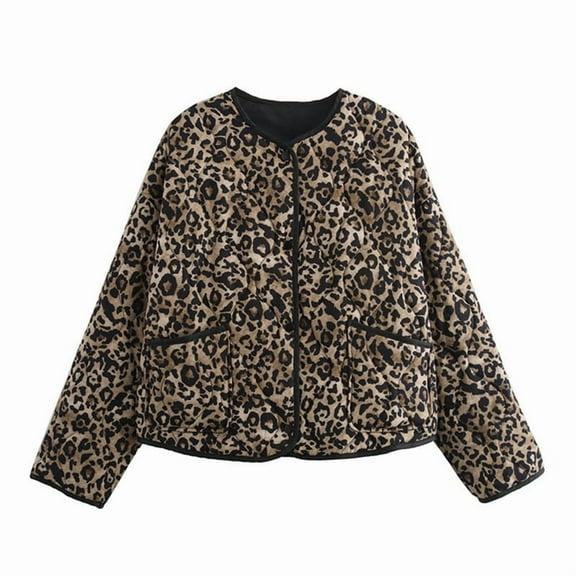 Women'S Oversized Print Quilted Puffer Jacket Casual Padded Coat Leopard Print L