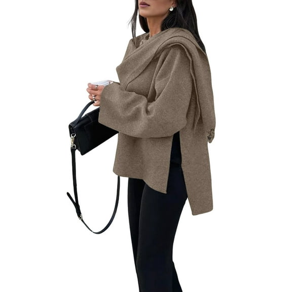 Women'S Oversized Scarf Jacket Shawl Wraps Knit Long Sleeve Button Winter Peacoat Deep Khaki M