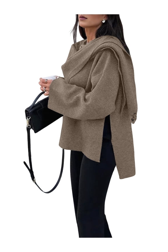 Women'S Oversized Scarf Jacket Shawl Wraps Knit Long Sleeve Button Winter Peacoat Deep Khaki M