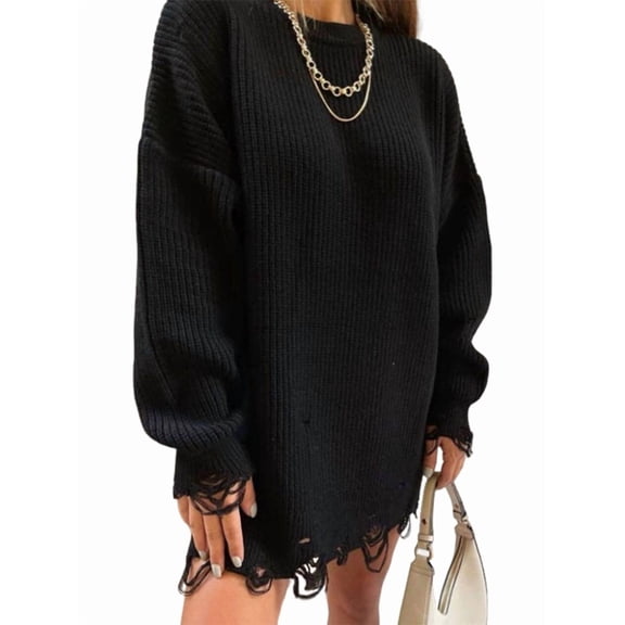 Women'S Oversized Solid Color Round Neck Long Sleeve Pullover Distressed Knit Sweater Top Black XXL