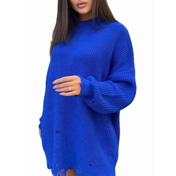 Women'S Oversized Solid Color Round Neck Long Sleeve Pullover Distressed Knit Sweater Top Blue S