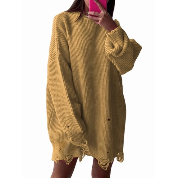 Women'S Oversized Solid Color Round Neck Long Sleeve Pullover Distressed Knit Sweater Top Khaki M