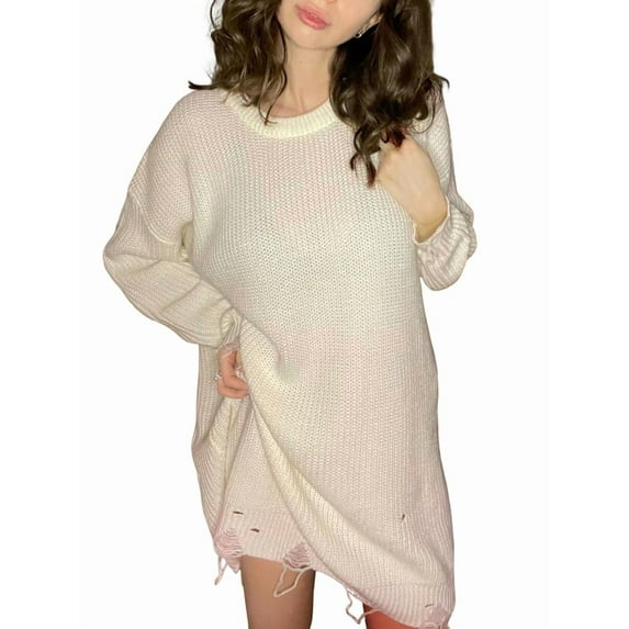 Women'S Oversized Solid Color Round Neck Long Sleeve Pullover Distressed Knit Sweater Top White XL